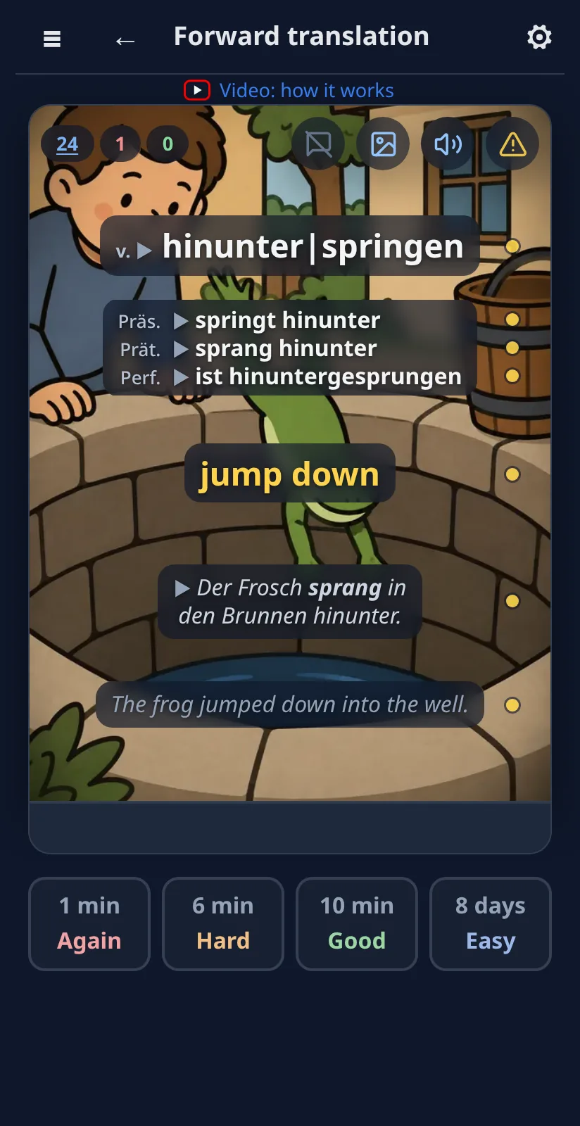 ist hinuntergesprungen: the Perf. row tells you sein or haben. Tap a row to hear it