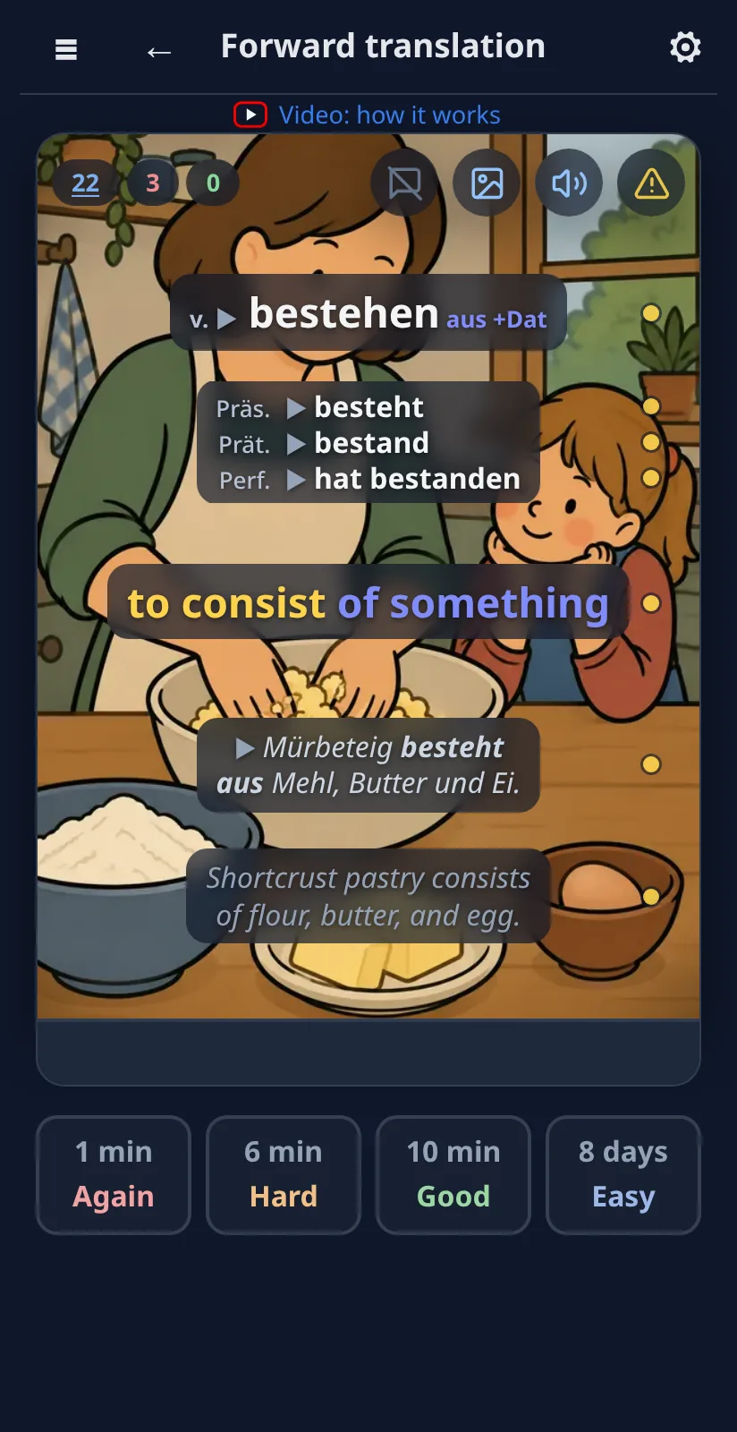 bestehen aus +Dat: the case has its colour, and the same colour marks it in the meaning