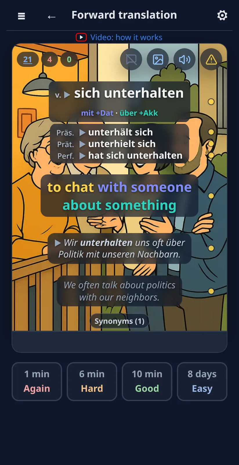 Two prepositions, two colours: mit +Dat, über +Akk. ▶ on the word reads the pattern