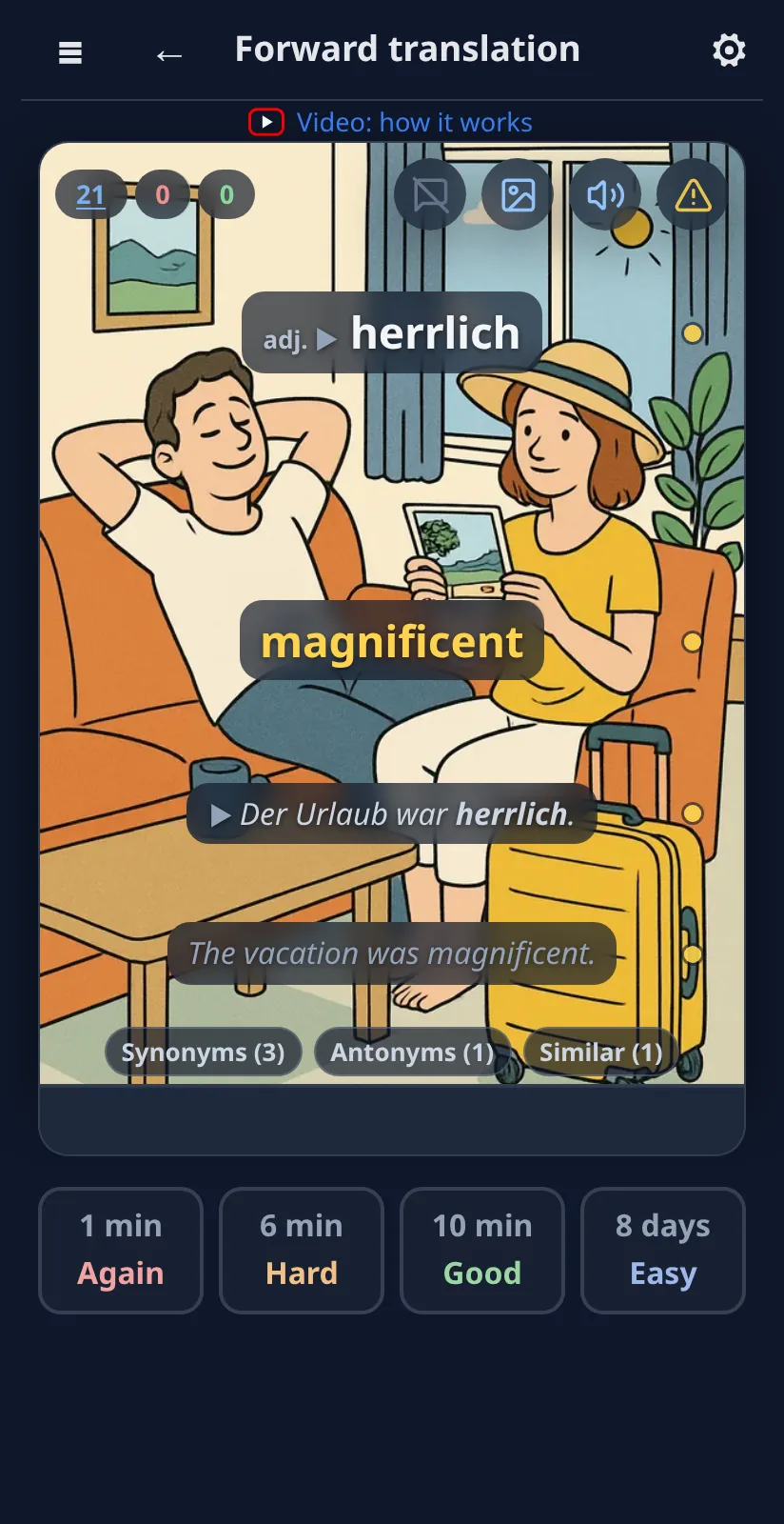 Show the meaning, then rate yourself, as on every card