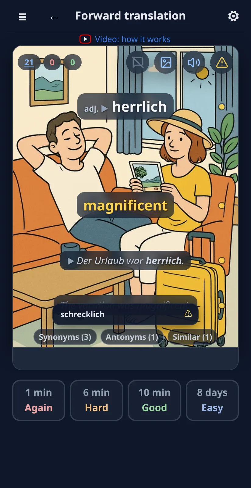 Antonyms: herrlich next to its opposite, schrecklich
