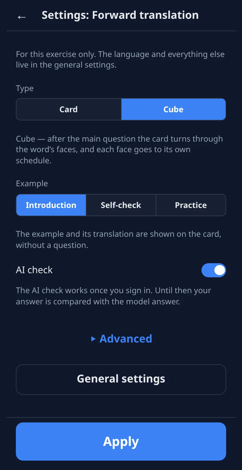 ⚙ → Cube. After the main question the card turns through the word's faces