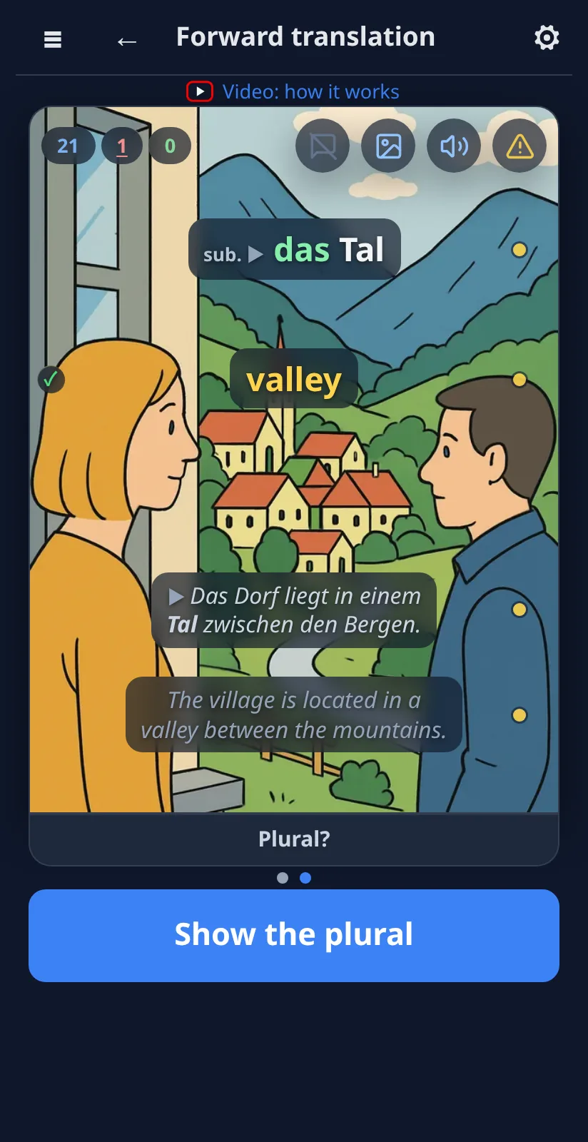 Same card, das Tal: first the meaning, then it turns and asks Plural?