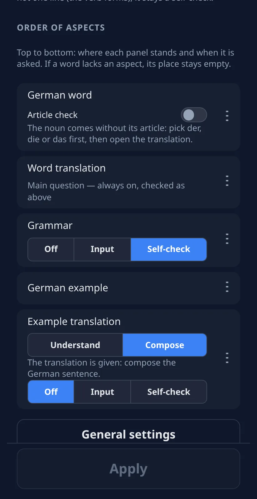 Every face has its tile: Off, Input or Self-check