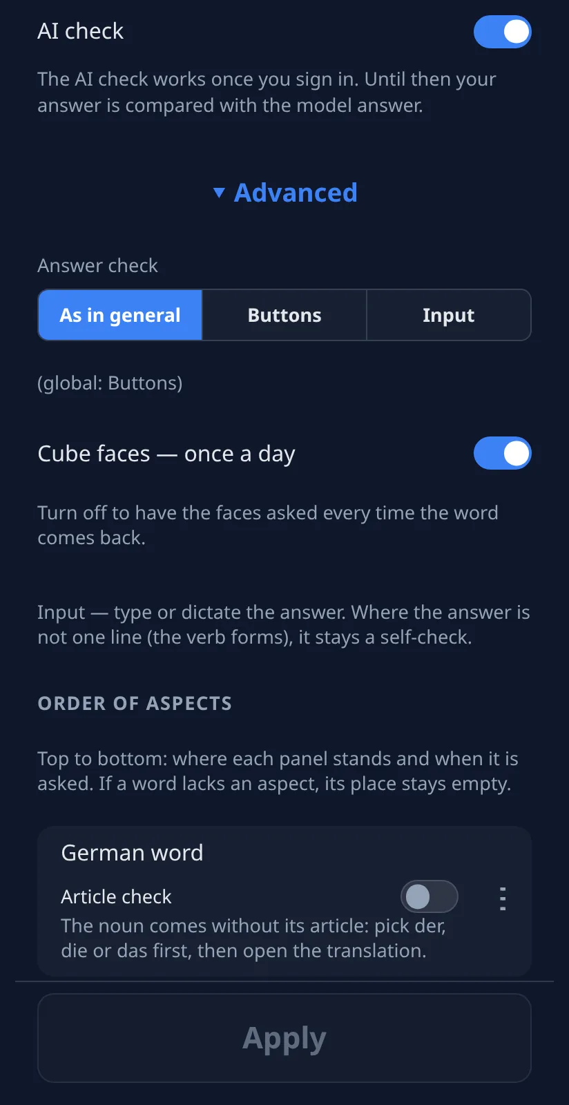 Cube faces — once a day: the faces don't pile up, the main question keeps its rhythm