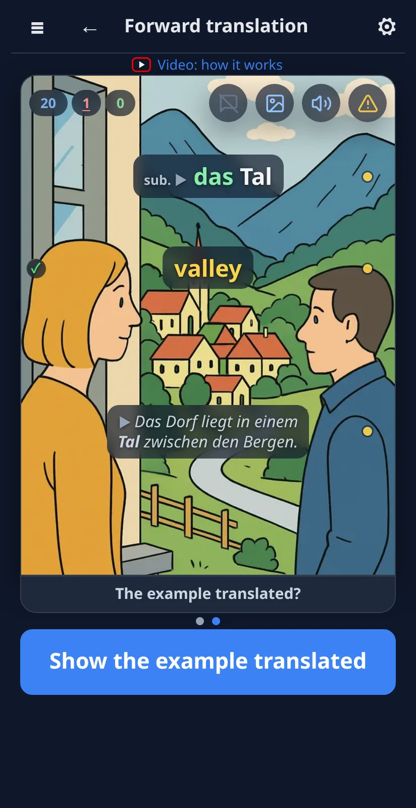 Self-check: the German sentence is given; recall its translation and rate yourself