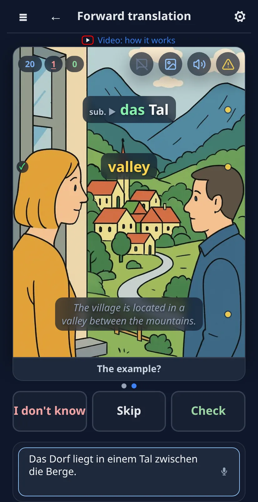 Practice: the translation is given; type or dictate the German, then Check