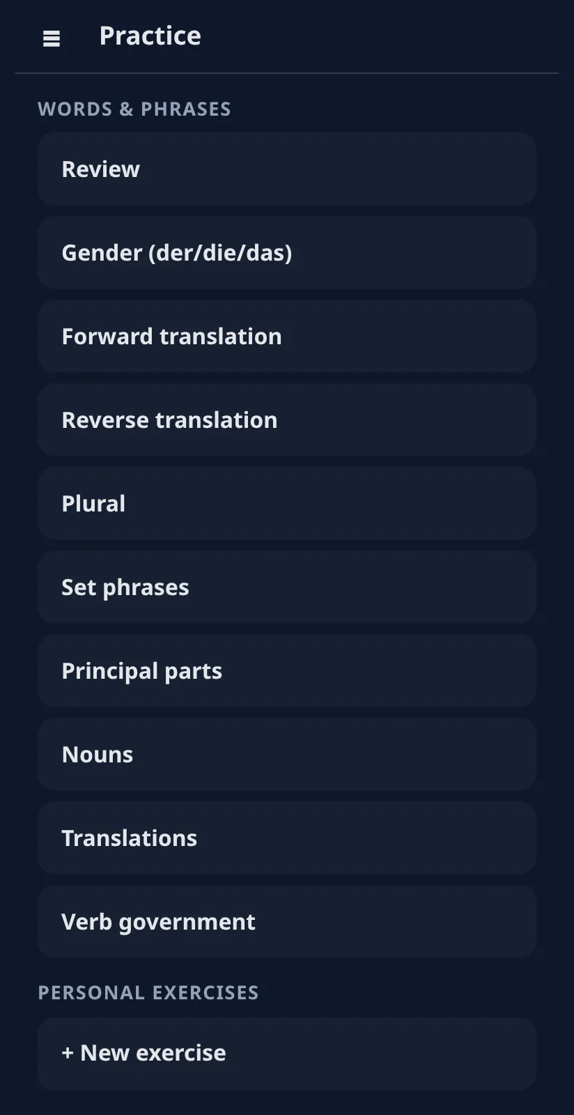 Without a session: Practice → Words & phrases → Translations