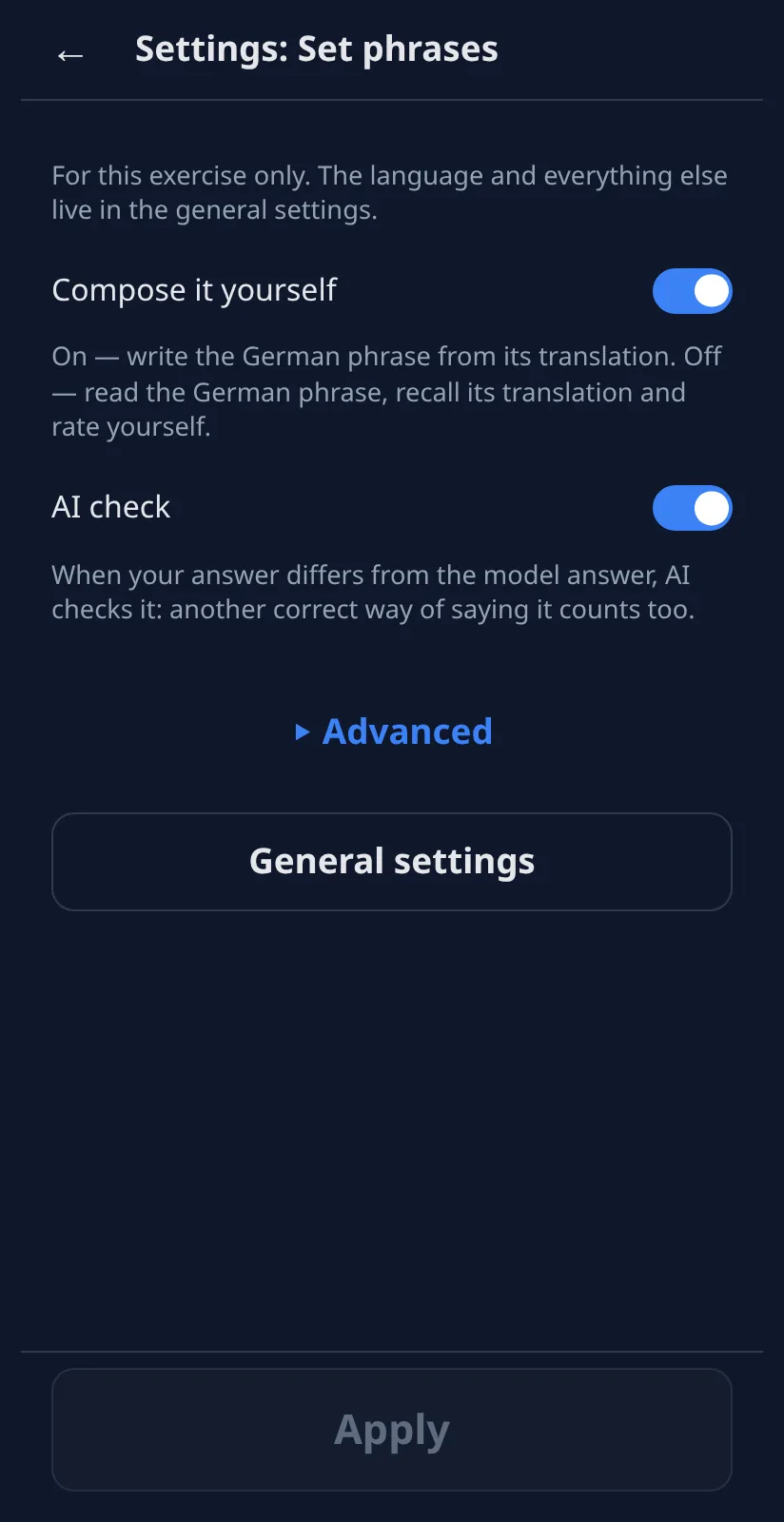 ⚙: Compose it yourself is on. Off: read the German, recall the translation