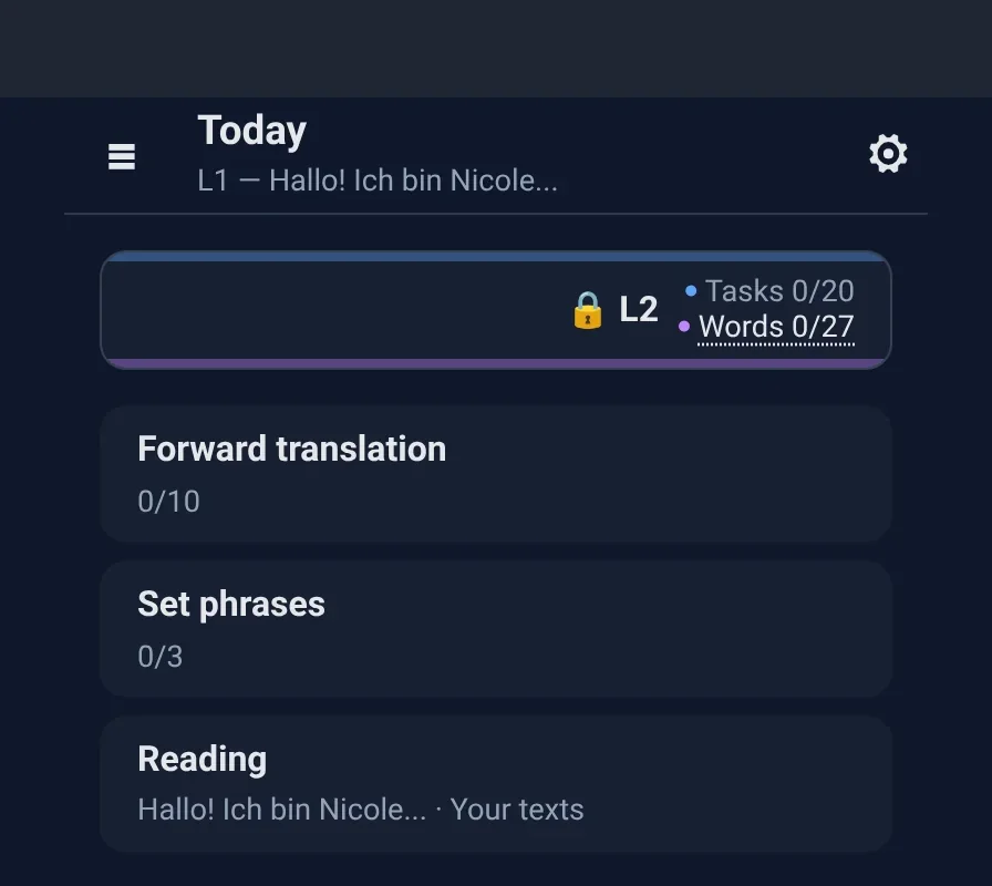 Today: the lesson tile and the Forward translation row.