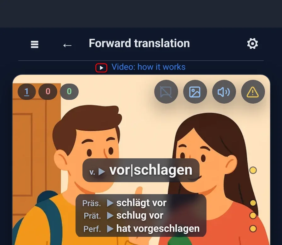 The card for vorschlagen with the gear in the top right corner.