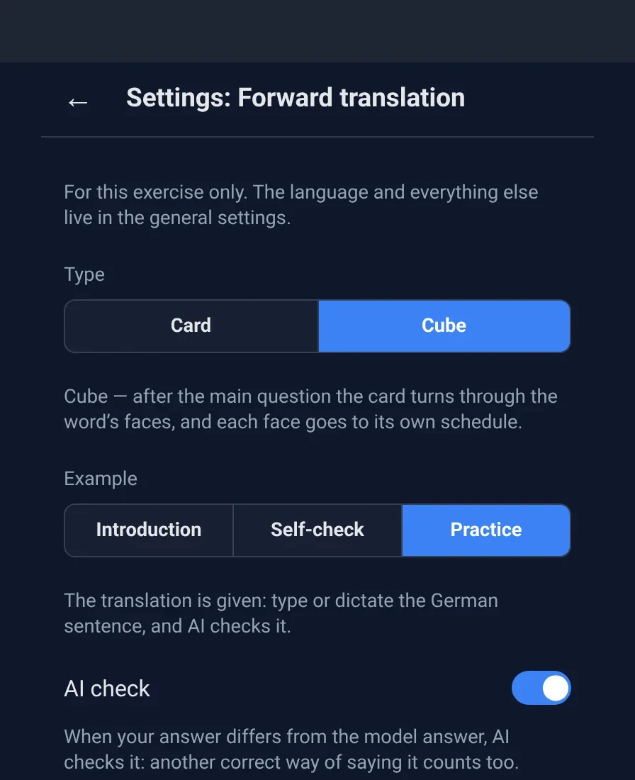 The exercise settings: Type set to Cube, Example set to Practice, AI check switched on.