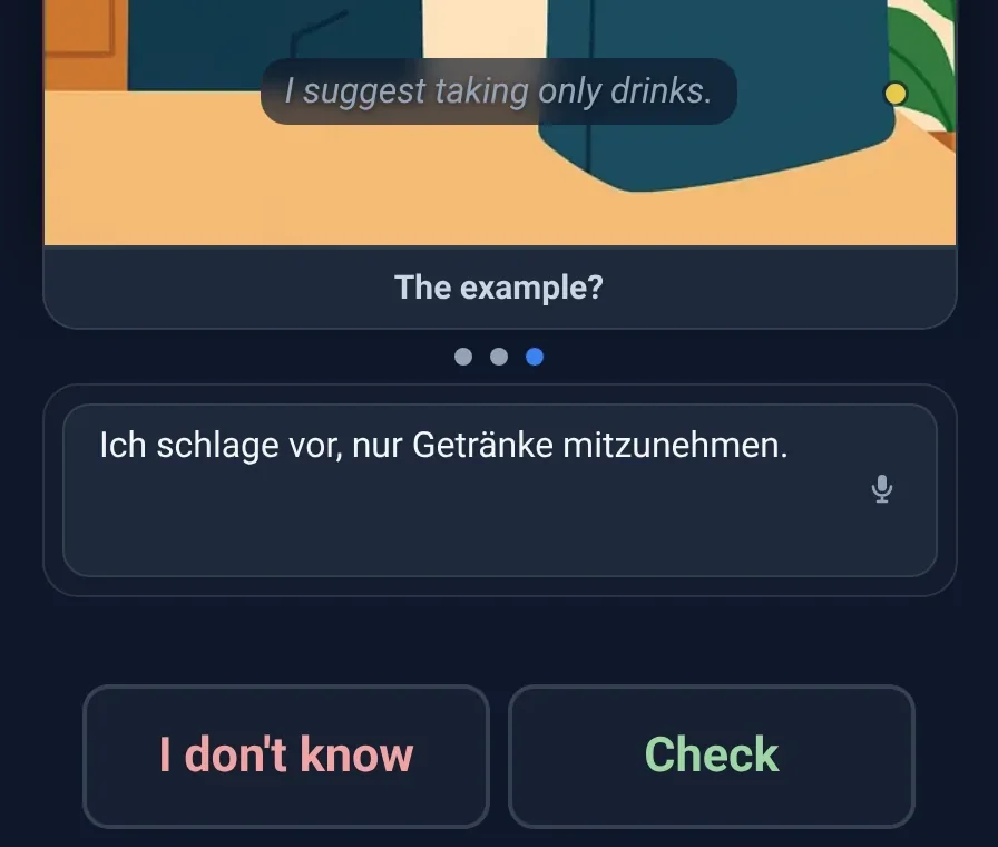 The Practice card: «I suggest taking only drinks.» and the German sentence typed in.