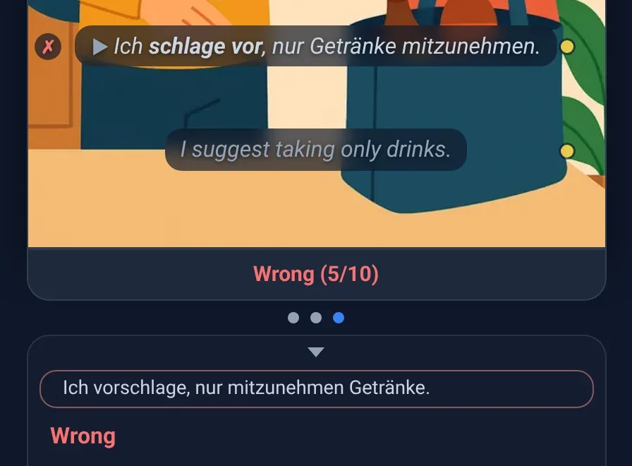 The verdict: Wrong (5/10), the separable verb and the word order explained, the meaning is right.