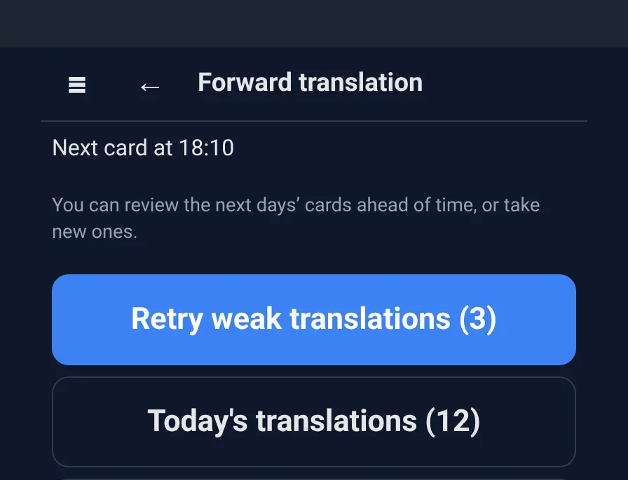The end of the session: Retry weak translations (3), Today's translations (12).