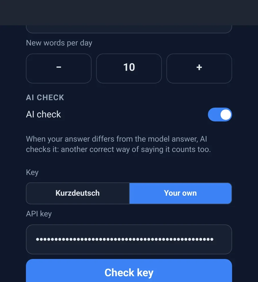 The general settings: AI check, Key: Kurzdeutsch or Your own, with Your own selected and the API key field.