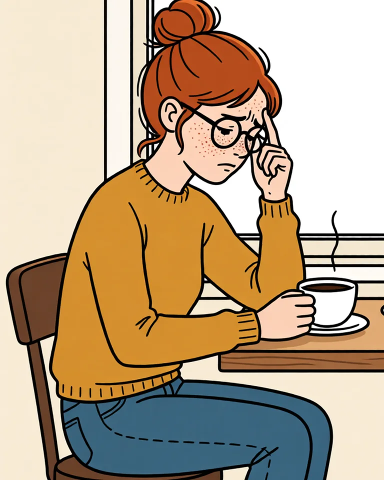 Close-up: Lena alone over her coffee cup, lips pressed, fingertips on her temple.