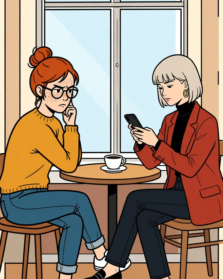 The café. Mira picks up her phone while Lena is still searching for the words.