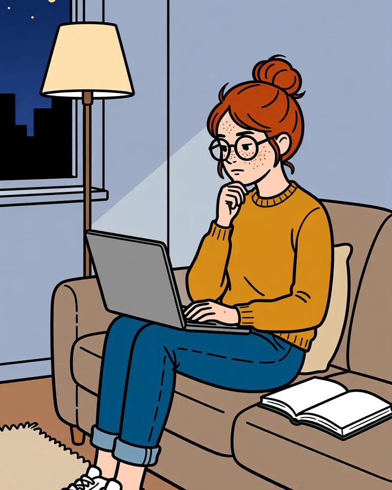 Lena at home on the sofa with a laptop open on her Anki decks.