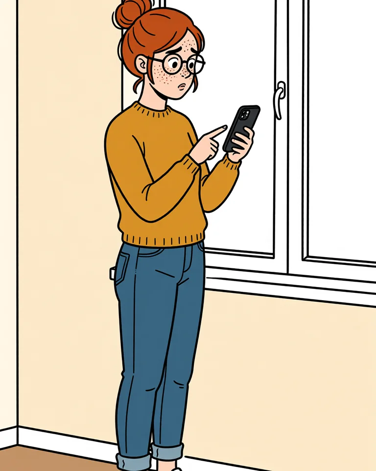 Lena by the window with her phone, curious.