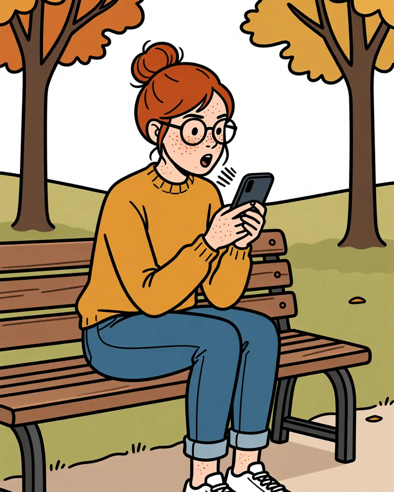 Lena on a park bench, speaking into her phone.
