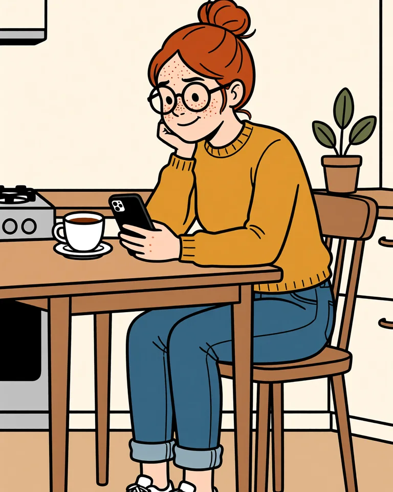 Lena at the kitchen table, reading her phone.