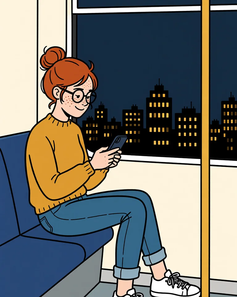Lena in a tram, smiling at her phone.