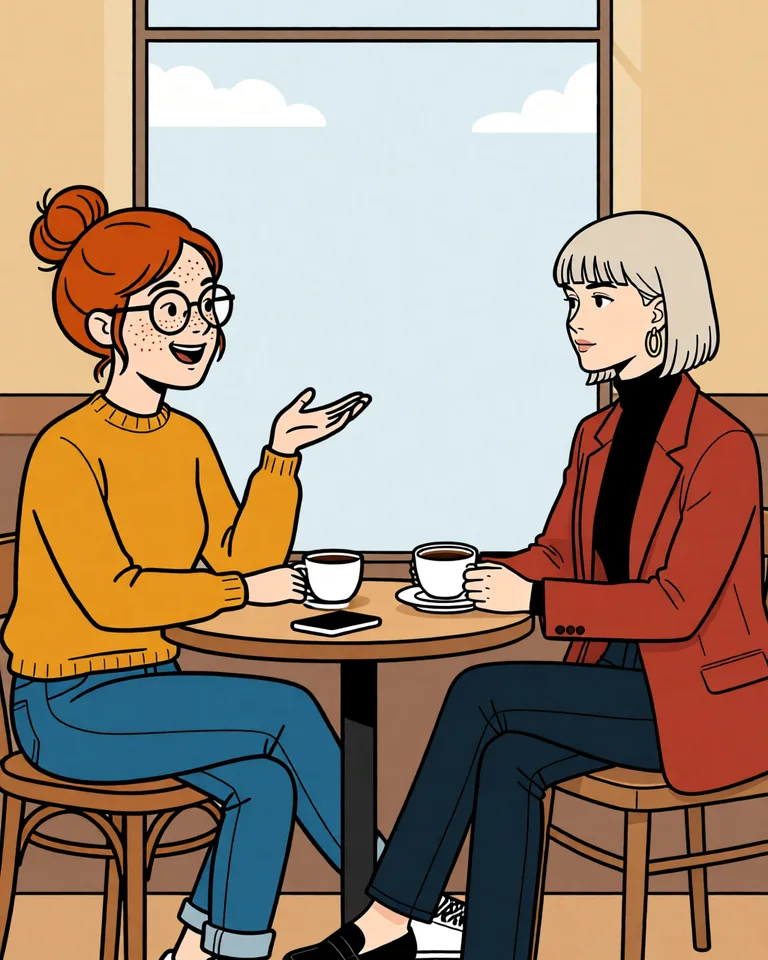 The café again. Lena speaks with confidence; Mira listens.