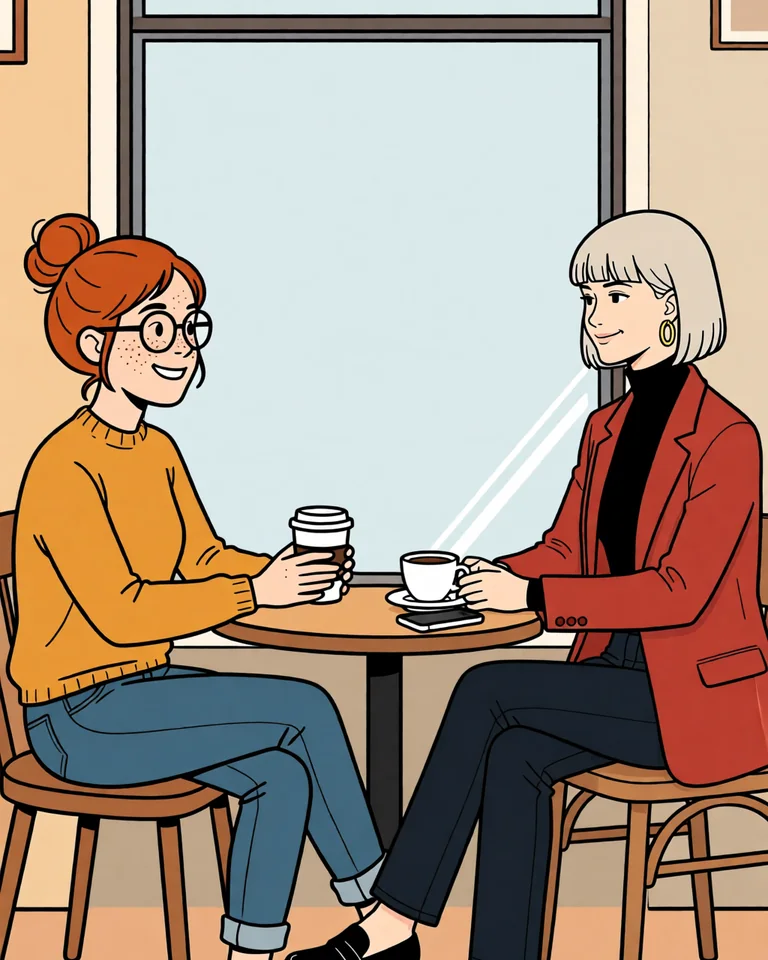 The café again. Lena and Mira sit calmly at the table with their cups.