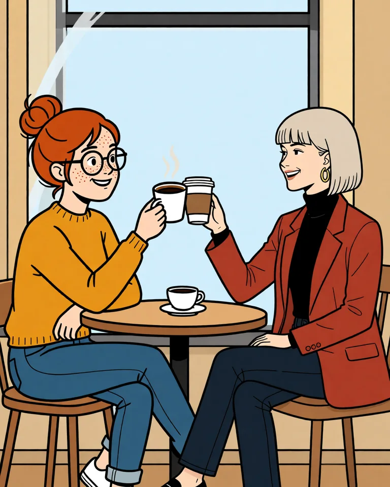 The café. Both raise their cups in a toast.