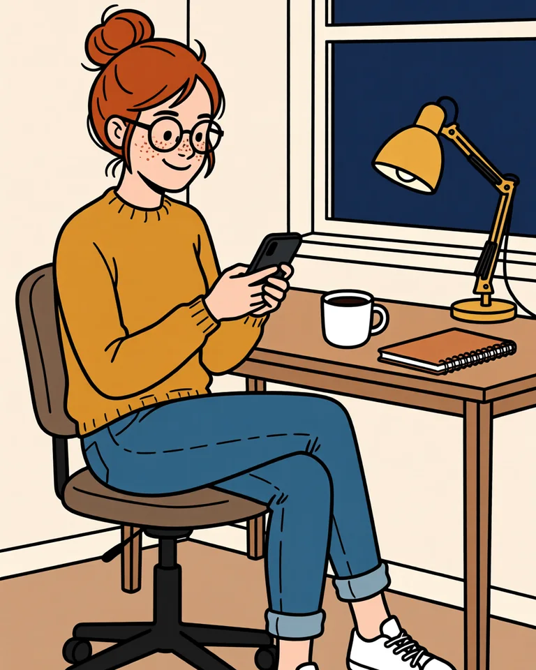 Lena relaxed at her desk with her phone.