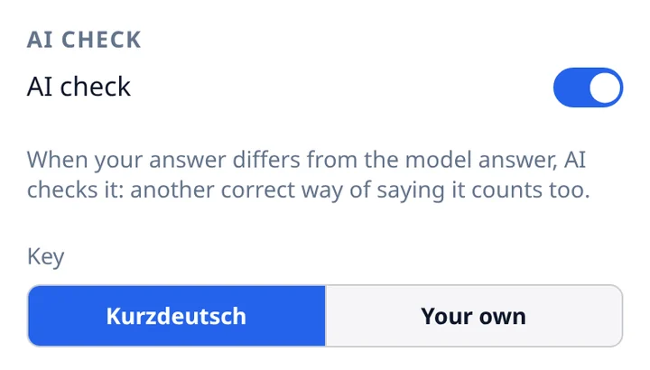 Settings, the AI check block; the Your own option of Key is circled.