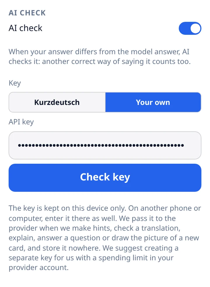 Your own is chosen; the API key field and the Check key button are circled.