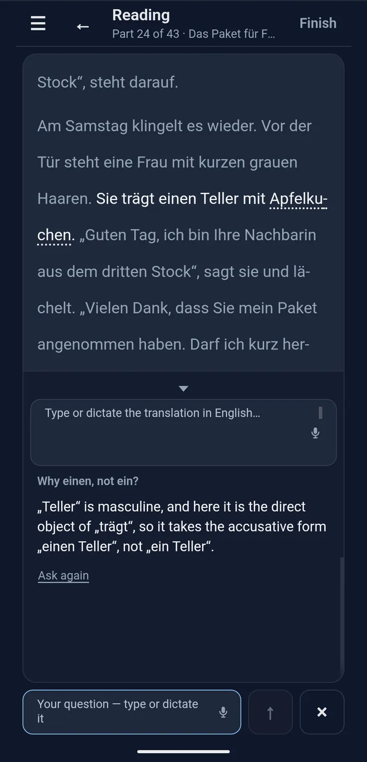 A question, Why einen, not ein?, and the answer about the accusative.