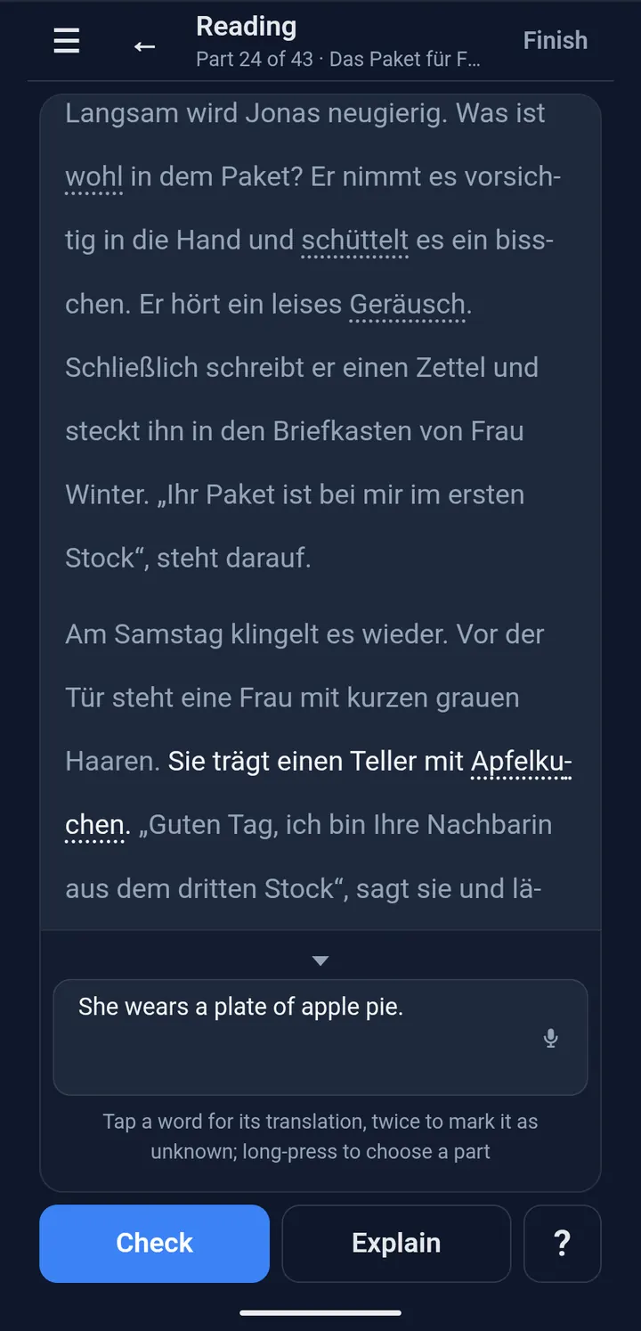 A typed translation under the text; the Check button is circled.