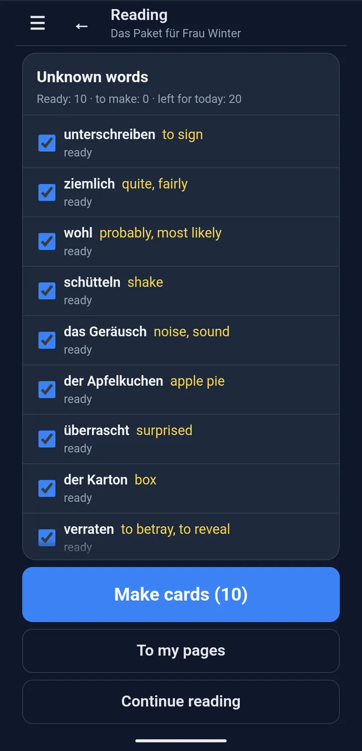Unknown words with their meanings; the Make cards (10) button is circled.