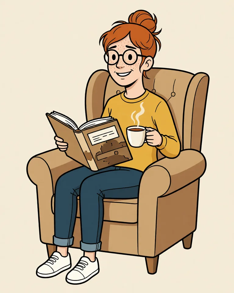 Lena in an armchair with a German book and a cup of tea, smiling.