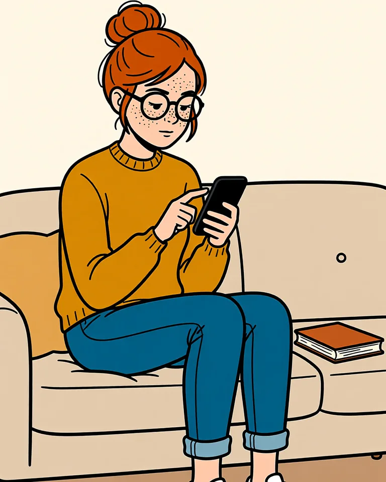 Lena on the sofa tapping words on her phone.