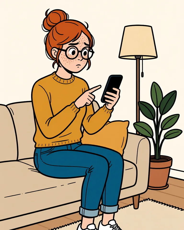 Lena reading an explanation on her phone.