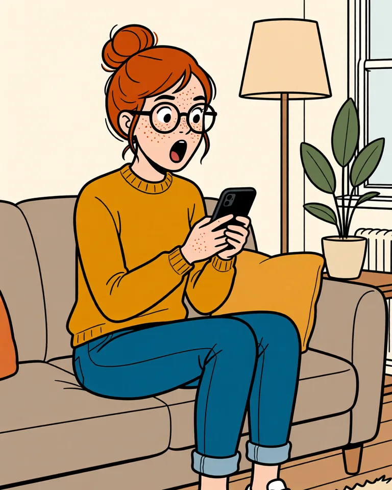 Lena looking at her phone in surprise.