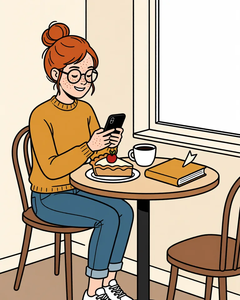Lena in a café with a slice of apple cake, a coffee and her book, smiling at her phone.