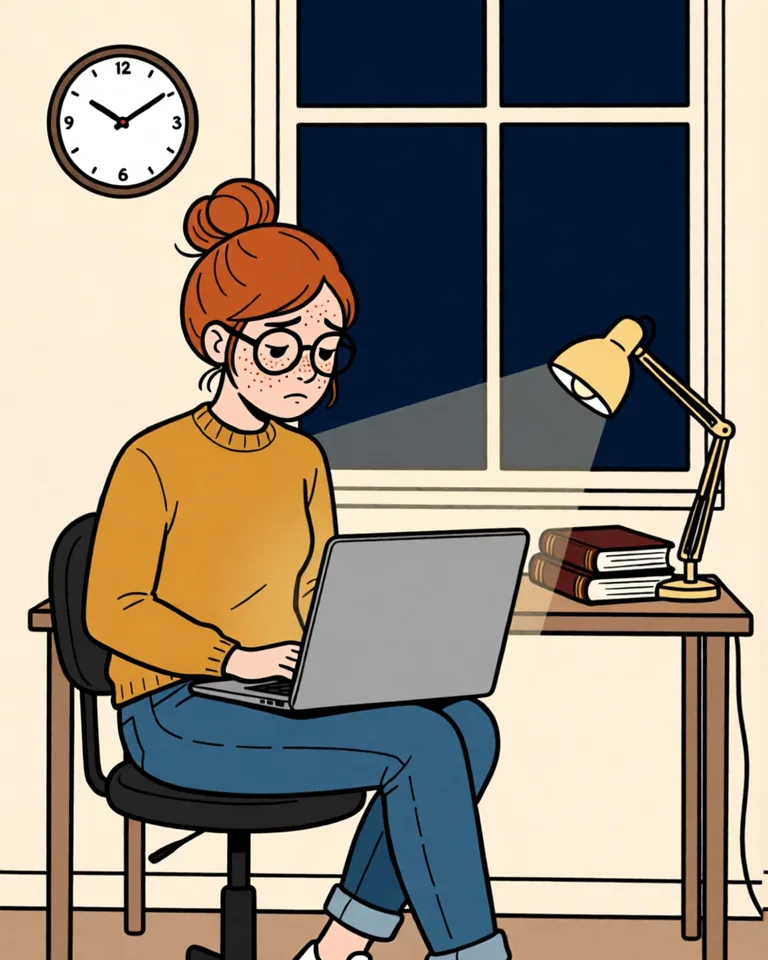 Late evening, Lena typing flashcards on a laptop under a desk lamp, a clock on the wall.