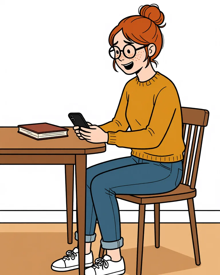 Lena at a table with her phone, smiling as she hears about Kurzdeutsch.