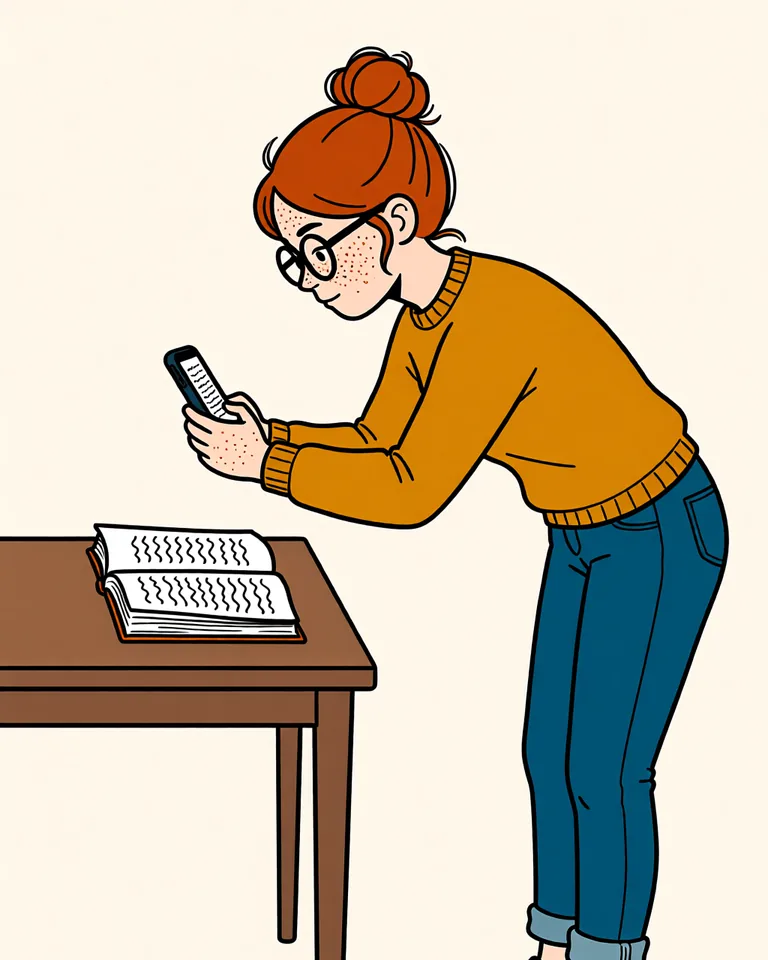 Lena photographing the open book with her phone.