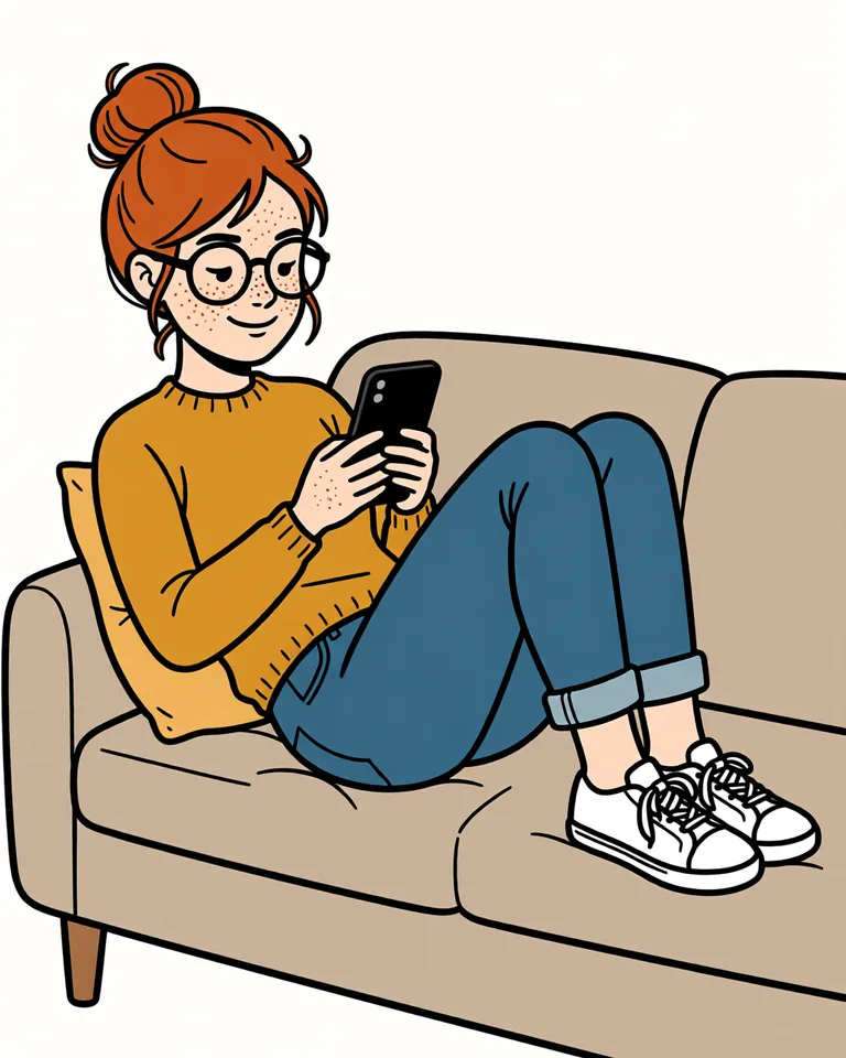 Lena on the sofa, smiling, reading on her phone.