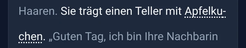 The selected sentence "Sie trägt einen Teller mit Apfelkuchen.".